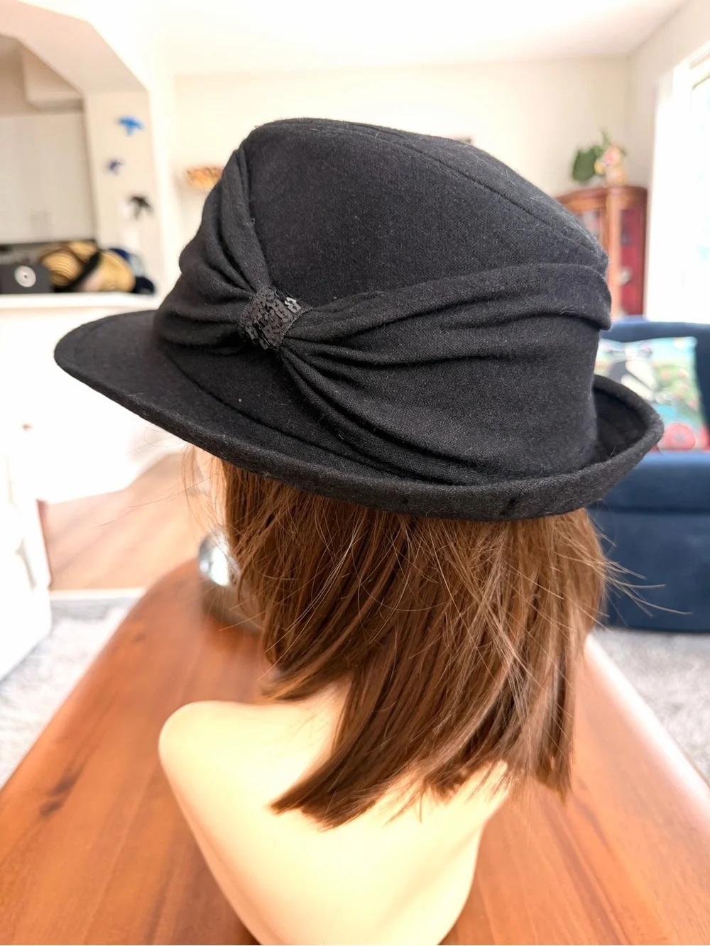 Collection Eighteen Black Wool Blend Fedora Cloche Draped Sequin Hat